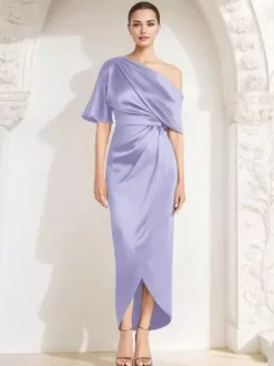 Robe fourreau plissée pour mère asymétrique épaule dénudée demi-manches robes d'invitées pour mariage