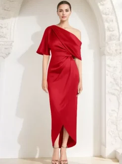 Robe fourreau plissée pour mère asymétrique épaule dénudée demi-manches robes d'invitées pour mariage