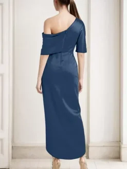 Robe fourreau plissée pour mère asymétrique épaule dénudée demi-manches robes d'invitées pour mariage