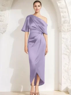 Robe fourreau plissée pour mère asymétrique épaule dénudée demi-manches robes d'invitées pour mariage