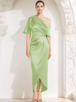 Robe fourreau plissée pour mère asymétrique épaule dénudée demi-manches robes d'invitées pour mariage