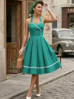 Robe glamour rétro style années 50 bordeaux à boutons superposés sans manches décolleté c艙ur coupe trapèze