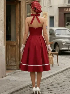 Robe glamour rétro style années 50 bordeaux à boutons superposés sans manches décolleté c艙ur coupe trapèze