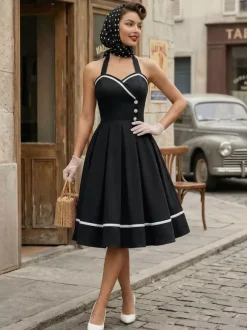 Robe glamour rétro style années 50 bordeaux à boutons superposés sans manches décolleté c艙ur coupe trapèze