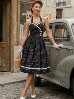 Robe glamour rétro style années 50 bordeaux à boutons superposés sans manches décolleté c艙ur coupe trapèze