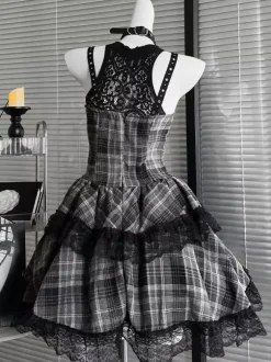 Robe Gothic Lolita à lacets à carreaux rouges noirs et gris sans manches style punk col halter JSK