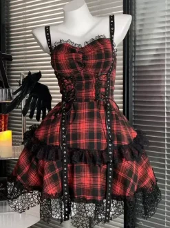Robe Gothic Lolita à lacets à carreaux rouges noirs et gris sans manches style punk col halter JSK