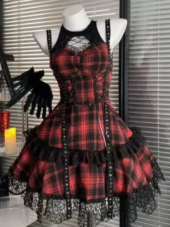 Robe Gothic Lolita à lacets à carreaux rouges noirs et gris sans manches style punk col halter JSK