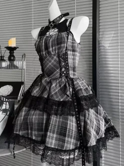 Robe Gothic Lolita à lacets à carreaux rouges noirs et gris sans manches style punk col halter JSK