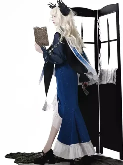 Robe Gothic Lolita à volants bleu marine foncé élégante haut victorien style astrologue cape et jupe sirène ensemble deux pièces