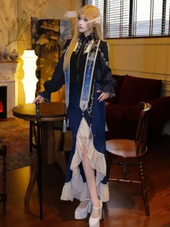 Robe Gothic Lolita à volants bleu marine foncé élégante haut victorien style astrologue cape et jupe sirène ensemble deux pièces
