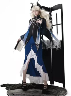 Robe Gothic Lolita à volants bleu marine foncé élégante haut victorien style astrologue cape et jupe sirène ensemble deux pièces