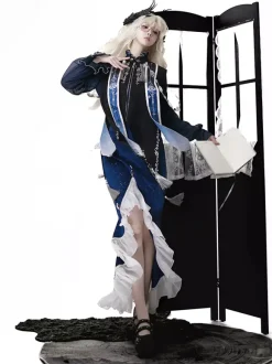 Robe Gothic Lolita à volants bleu marine foncé élégante haut victorien style astrologue cape et jupe sirène ensemble deux pièces
