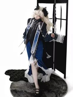 Robe Gothic Lolita à volants bleu marine foncé élégante haut victorien style astrologue cape et jupe sirène ensemble deux pièces