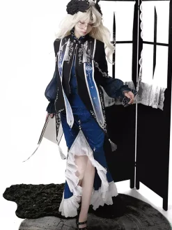 Robe Gothic Lolita à volants bleu marine foncé élégante haut victorien style astrologue cape et jupe sirène ensemble deux pièces