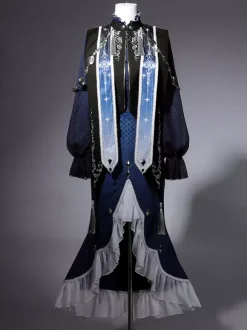 Robe Gothic Lolita à volants bleu marine foncé élégante haut victorien style astrologue cape et jupe sirène ensemble deux pièces