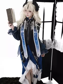 Robe Gothic Lolita à volants bleu marine foncé élégante haut victorien style astrologue cape et jupe sirène ensemble deux pièces