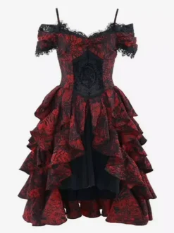 Robe Gothic Lolita en dentelle à volants rouge volumineuse manches courtes jacquard épaules dénudées style baroque