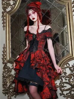 Robe Gothic Lolita en dentelle à volants rouge volumineuse manches courtes jacquard épaules dénudées style baroque