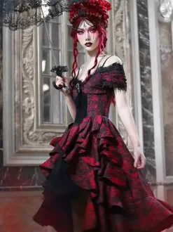 Robe Gothic Lolita en dentelle à volants rouge volumineuse manches courtes jacquard épaules dénudées style baroque