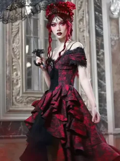 Robe Gothic Lolita en dentelle à volants rouge volumineuse manches courtes jacquard épaules dénudées style baroque