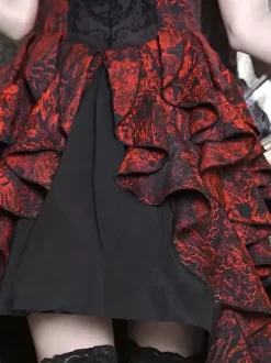 Robe Gothic Lolita en dentelle à volants rouge volumineuse manches courtes jacquard épaules dénudées style baroque
