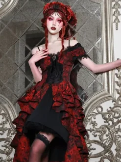 Robe Gothic Lolita en dentelle à volants rouge volumineuse manches courtes jacquard épaules dénudées style baroque