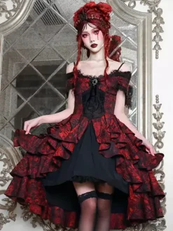 Robe Gothic Lolita en dentelle à volants rouge volumineuse manches courtes jacquard épaules dénudées style baroque