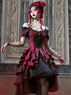 Robe Gothic Lolita en dentelle à volants rouge volumineuse manches courtes jacquard épaules dénudées style baroque