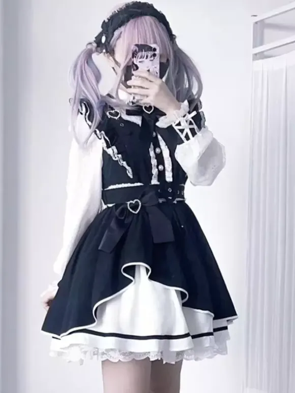 Robe gothique Lolita à volants n艙ud papillon dentelle irrégulière 6 couleurs robe à manches longues