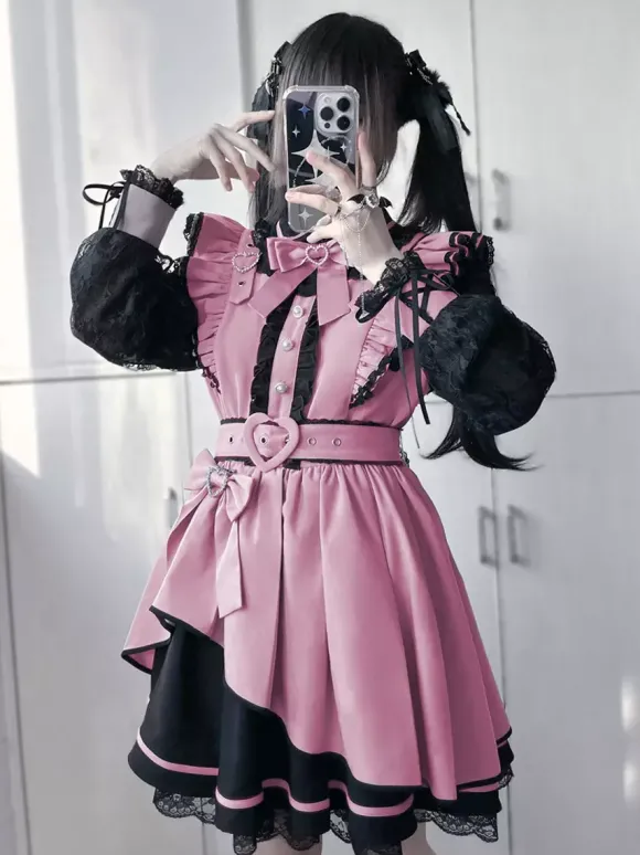 Robe gothique Lolita à volants n艙ud papillon dentelle irrégulière 6 couleurs robe à manches longues