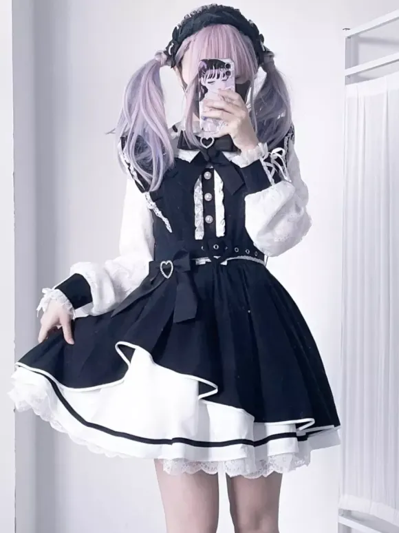 Robe gothique Lolita à volants n艙ud papillon dentelle irrégulière 6 couleurs robe à manches longues