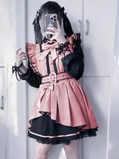 Robe gothique Lolita à volants n艙ud papillon dentelle irrégulière 6 couleurs robe à manches longues