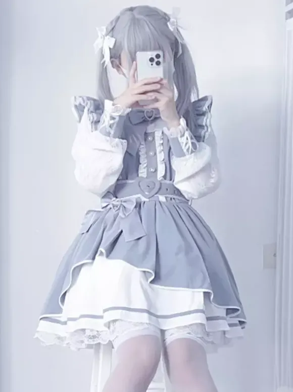Robe gothique Lolita à volants n艙ud papillon dentelle irrégulière 6 couleurs robe à manches longues