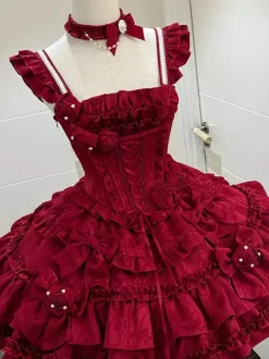 Robe gothique Lolita bordeaux en jacquard avec fleurs et n艙uds style kawaii
