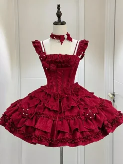 Robe gothique Lolita bordeaux en jacquard avec fleurs et n艙uds style kawaii