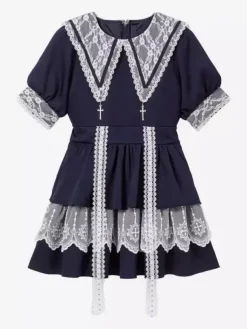 Robe gothique Lolita de style japonais en dentelle épissée col marin manches courtes coupe ajustée