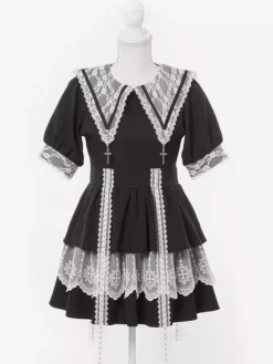 Robe gothique Lolita de style japonais en dentelle épissée col marin manches courtes coupe ajustée