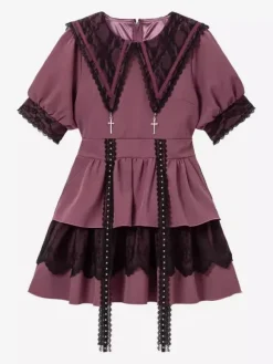 Robe gothique Lolita de style japonais en dentelle épissée col marin manches courtes coupe ajustée