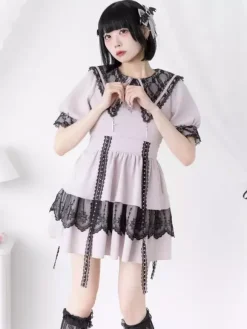 Robe gothique Lolita de style japonais en dentelle épissée col marin manches courtes coupe ajustée