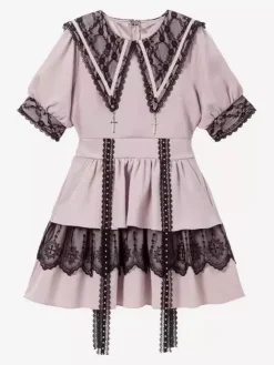 Robe gothique Lolita de style japonais en dentelle épissée col marin manches courtes coupe ajustée
