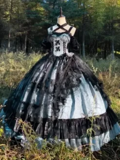 Robe gothique Lolita en dentelle à volants et imprimé floral jolie robe de princesse sans manches en maille à volants robe longue