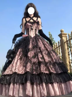 Robe gothique Lolita en dentelle à volants et imprimé floral jolie robe de princesse sans manches en maille à volants robe longue