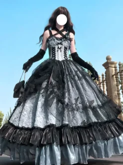 Robe gothique Lolita en dentelle à volants et imprimé floral jolie robe de princesse sans manches en maille à volants robe longue