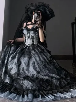 Robe gothique Lolita en dentelle à volants et imprimé floral jolie robe de princesse sans manches en maille à volants robe longue