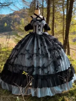 Robe gothique Lolita en dentelle à volants et imprimé floral jolie robe de princesse sans manches en maille à volants robe longue