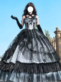 Robe gothique Lolita en dentelle à volants et imprimé floral jolie robe de princesse sans manches en maille à volants robe longue