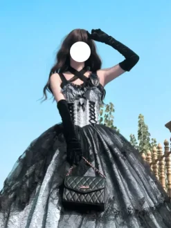 Robe gothique Lolita en dentelle à volants et imprimé floral jolie robe de princesse sans manches en maille à volants robe longue