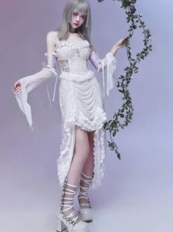 Robe gothique Lolita JSK Punk sans manches  volants en dentelle  motif croisé  jupe pull Lolita blanche