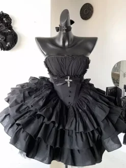 Robe gothique Lolita noire sans bretelles JSK avec harnais de poitrine amovible et accessoires de cou